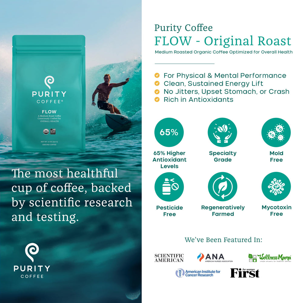 PURITY COFFEE open bag with nitrogen flush visible, preserves freshness benefit