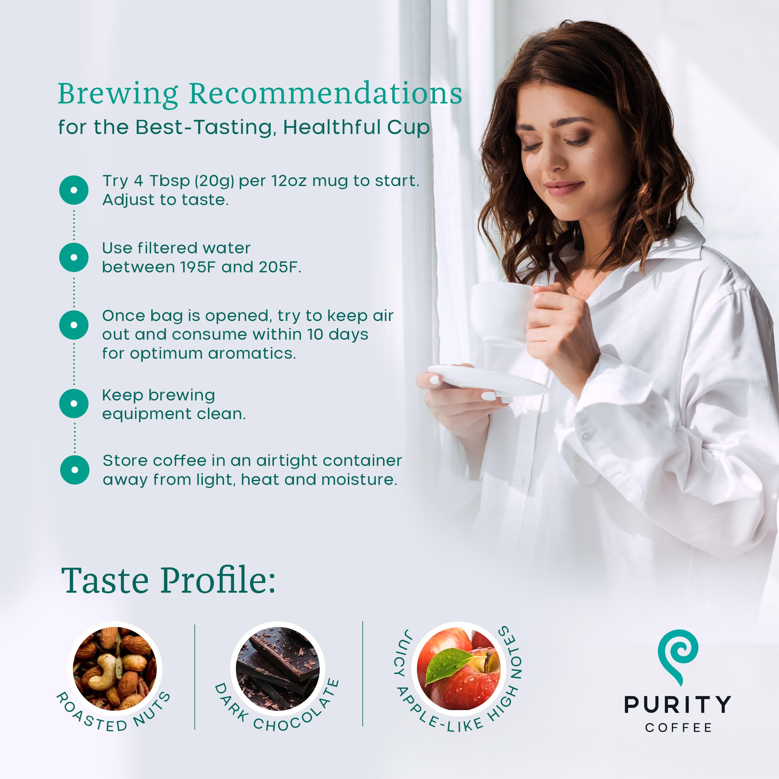 PURITY COFFEE brewed cup next to bag in kitchen, conveys enjoyable daily ritual