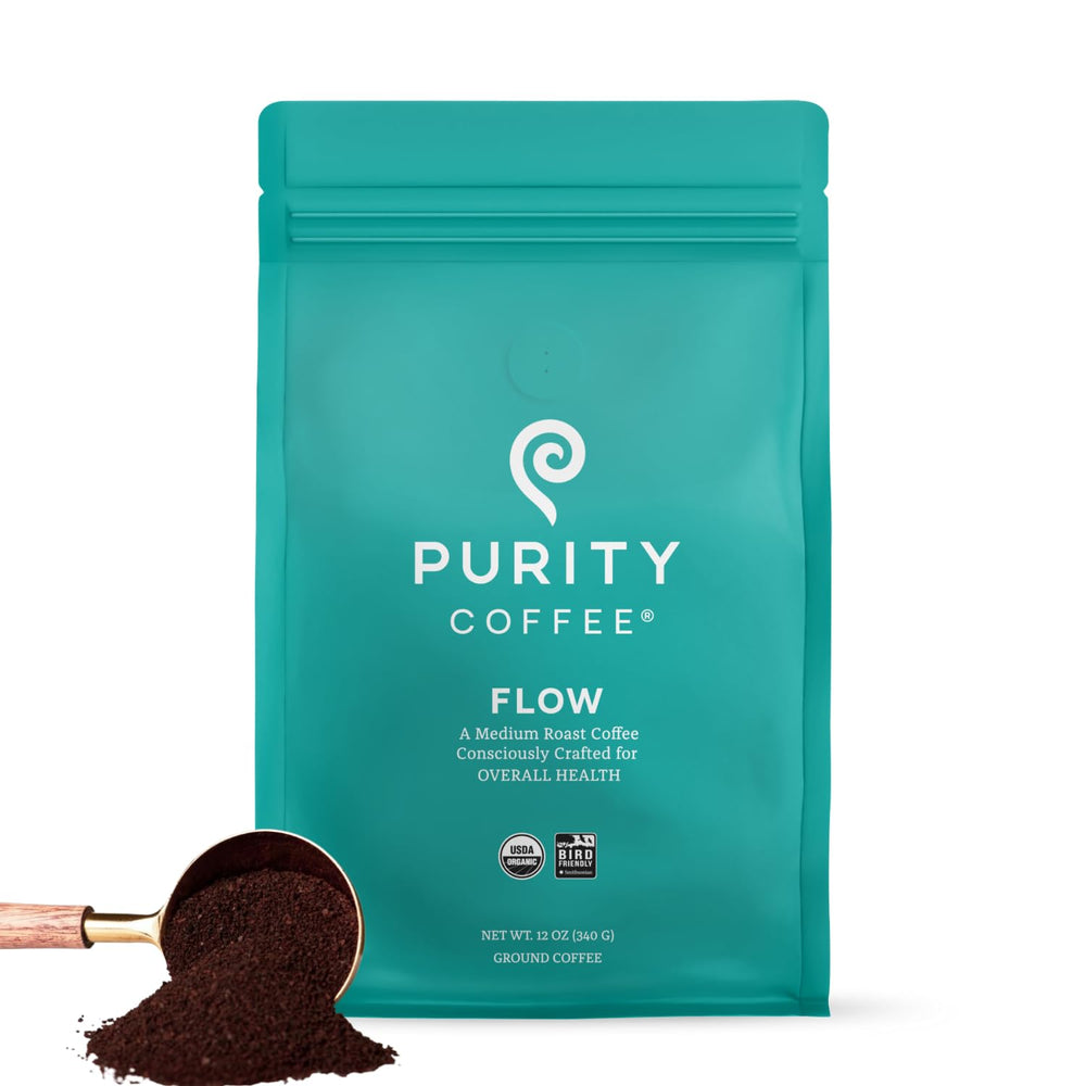 PURITY COFFEE front packaging showing 12oz bag and branding, highlights quality