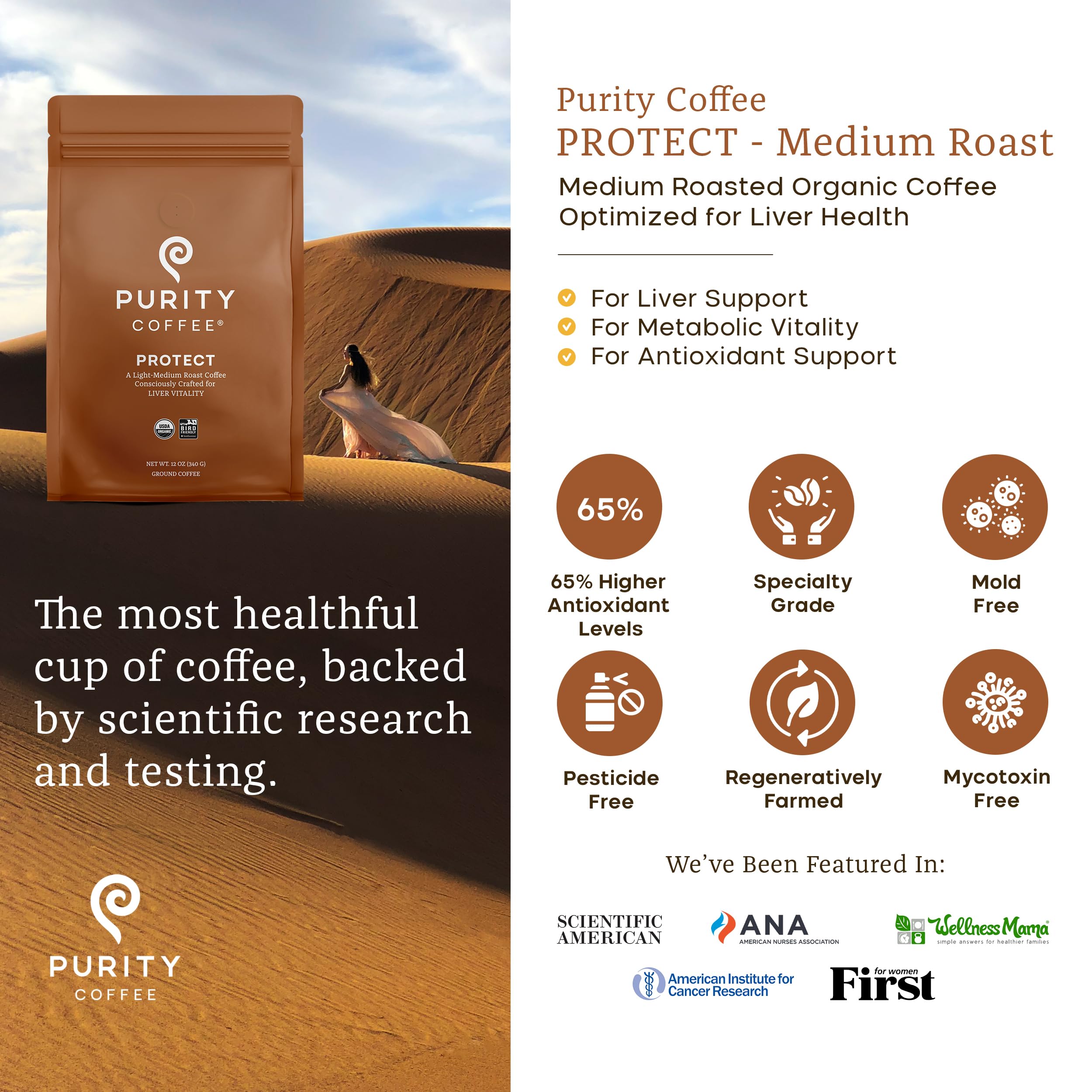 PURITY COFFEE back label detail showing certifications and lab testing information