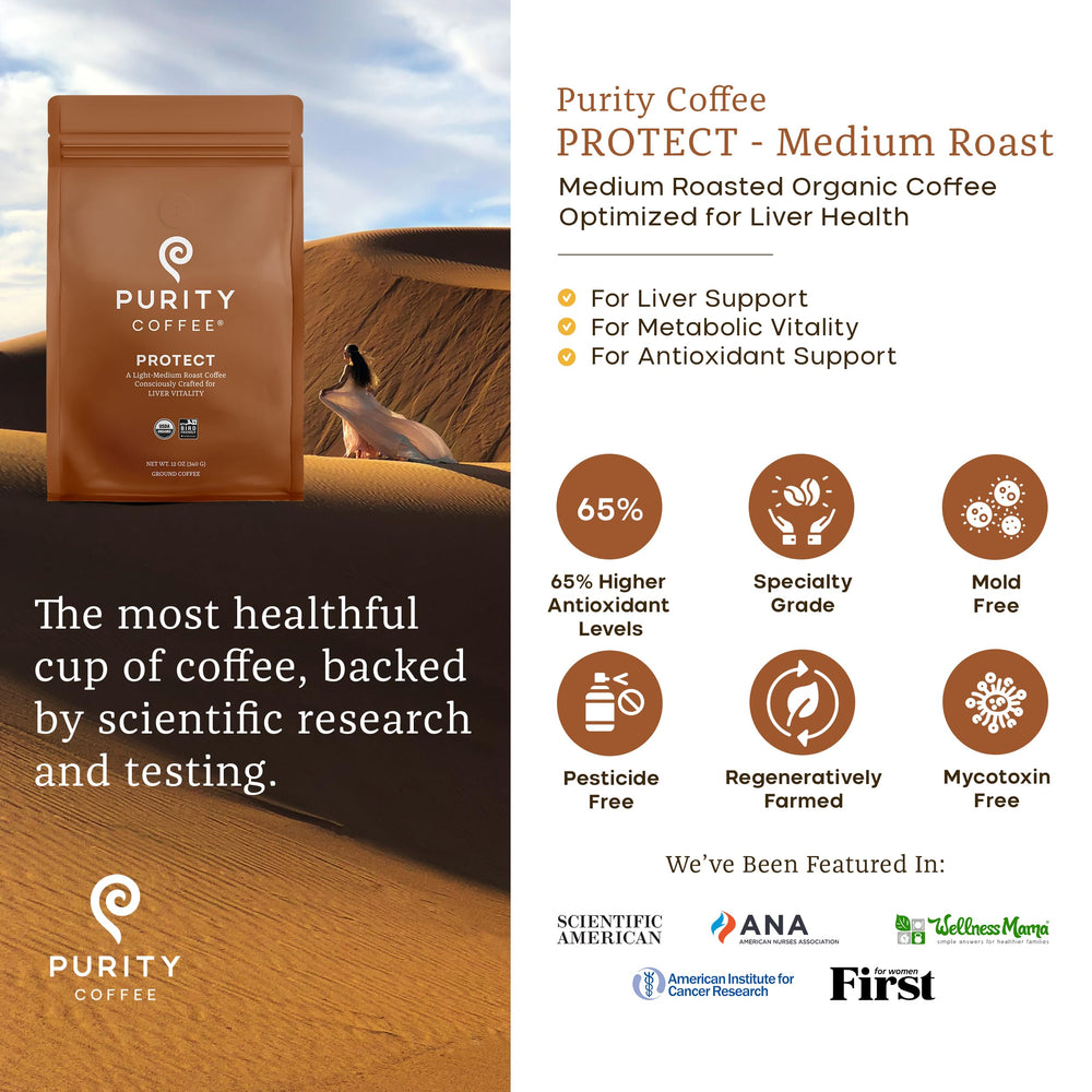 PURITY COFFEE back label detail showing certifications and lab testing information