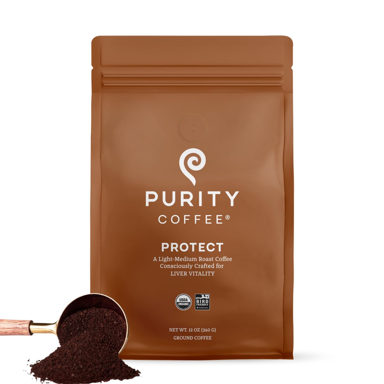 PURITY COFFEE front packaging showing PROTECT 12oz bag with branding and seal