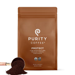PURITY COFFEE front packaging showing PROTECT 12oz bag with branding and seal