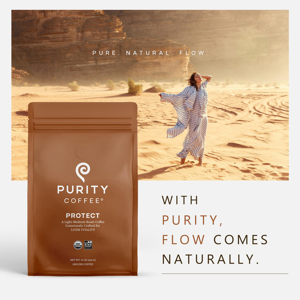 PURITY COFFEE bag next to common items showing 12oz size and home pantry fit