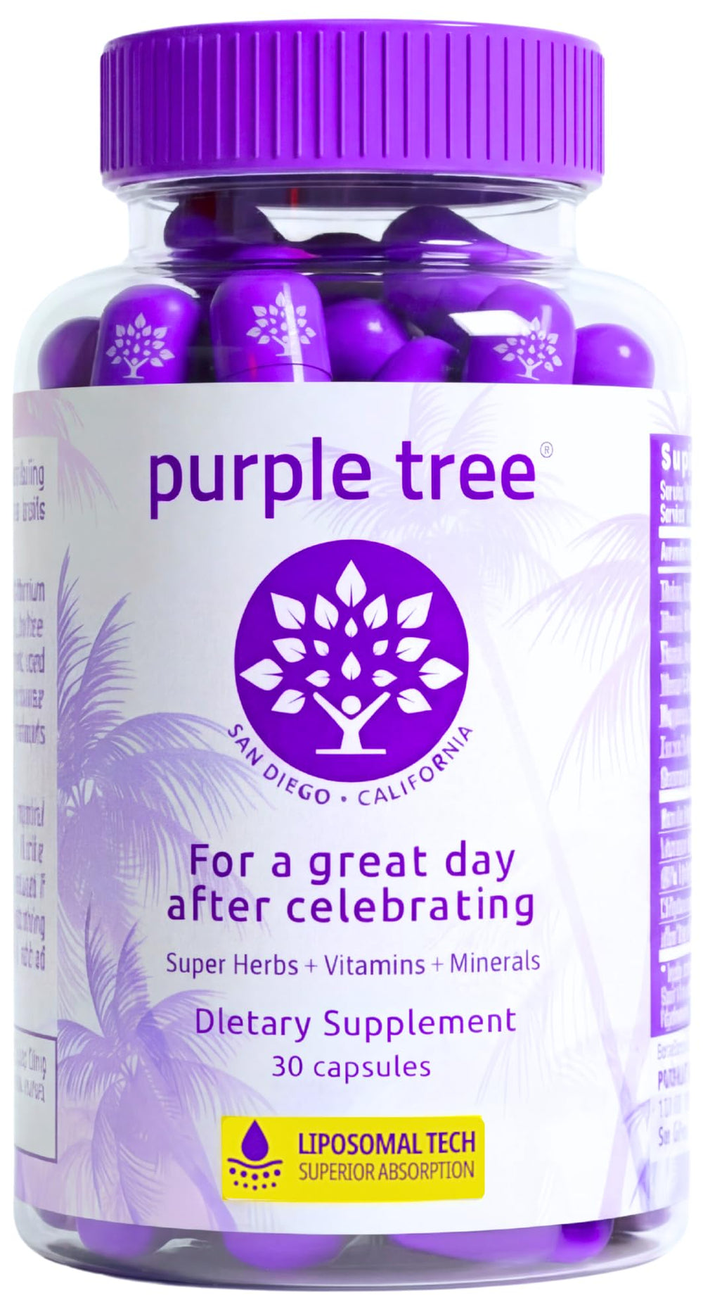 purple tree front packaging showing bottle and box, clear benefit of easy post-celebration use