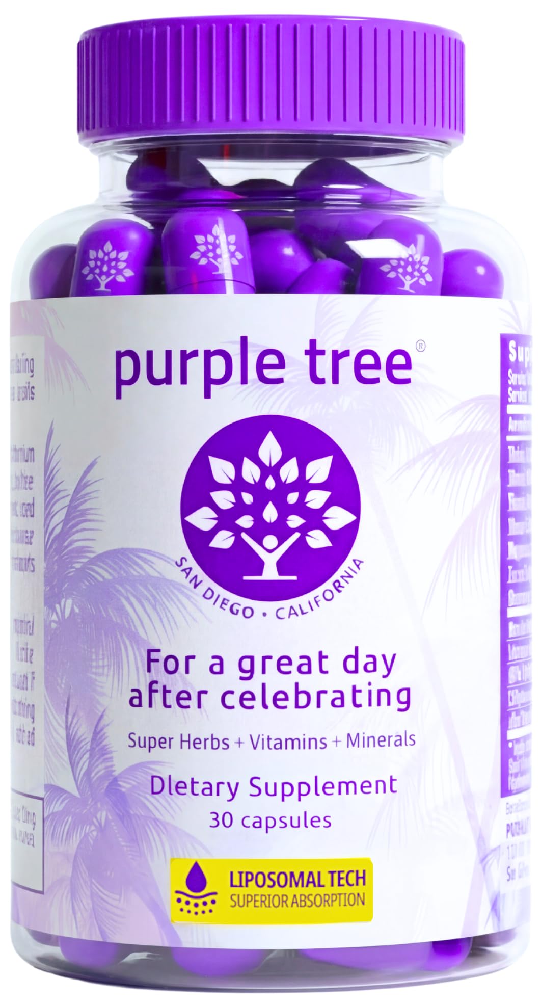 purple tree front packaging showing bottle and box, clear benefit of easy post-celebration use