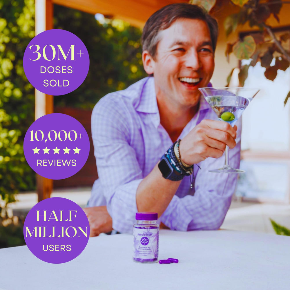 purple tree serving beside a glass of water, promoting rehydration and morning recovery