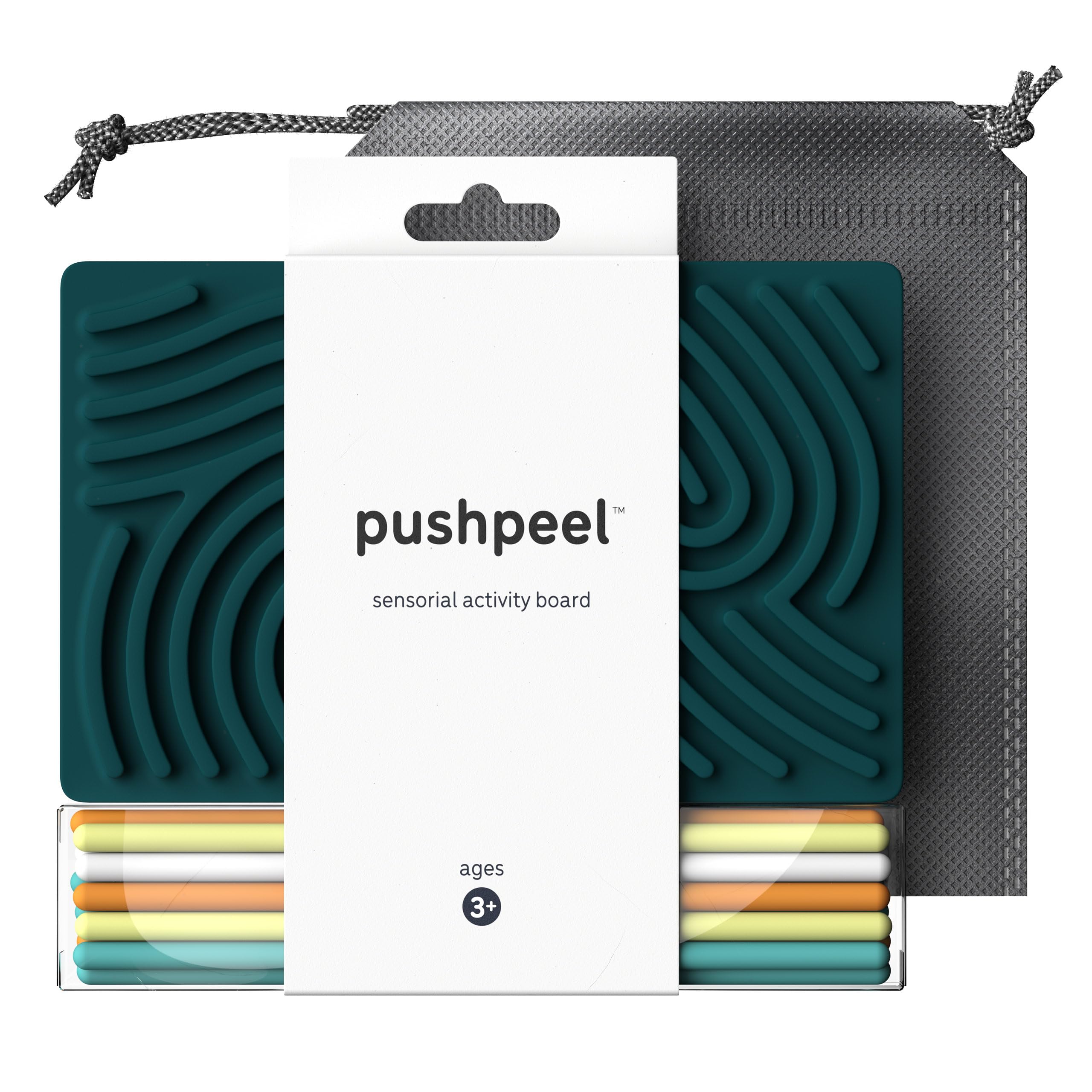 Pushpeel front packaging showing board and travel bag for easy portability