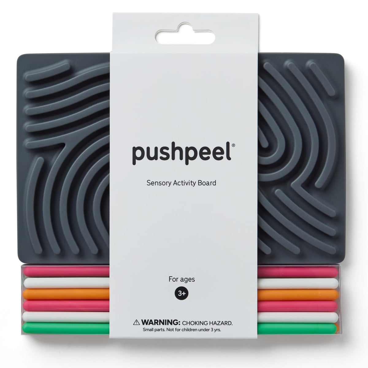 Pushpeel board front view showing granite color and layout for calming play