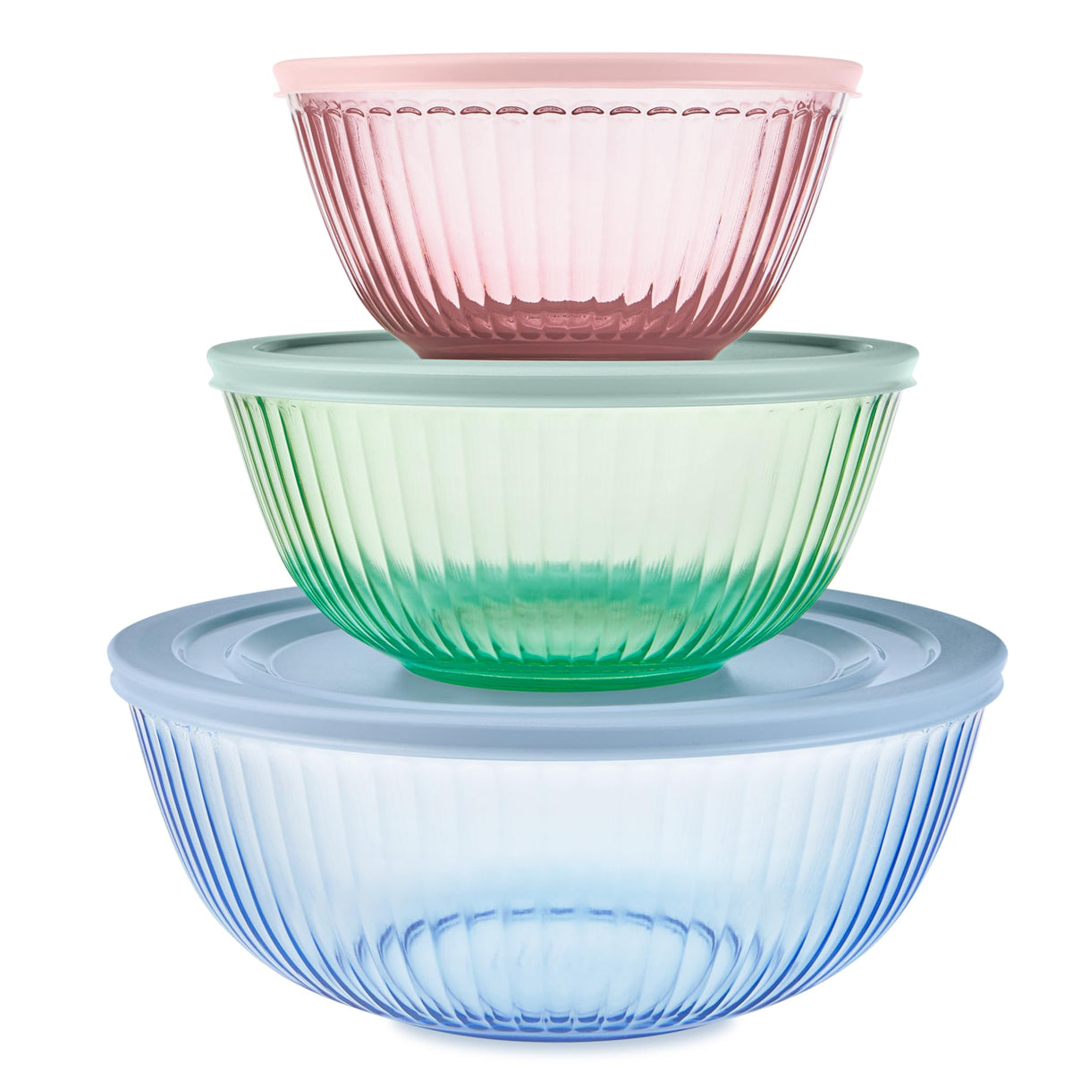 Pyrex front view of three tinted glass bowls with lids showing every size and color, organized and ready