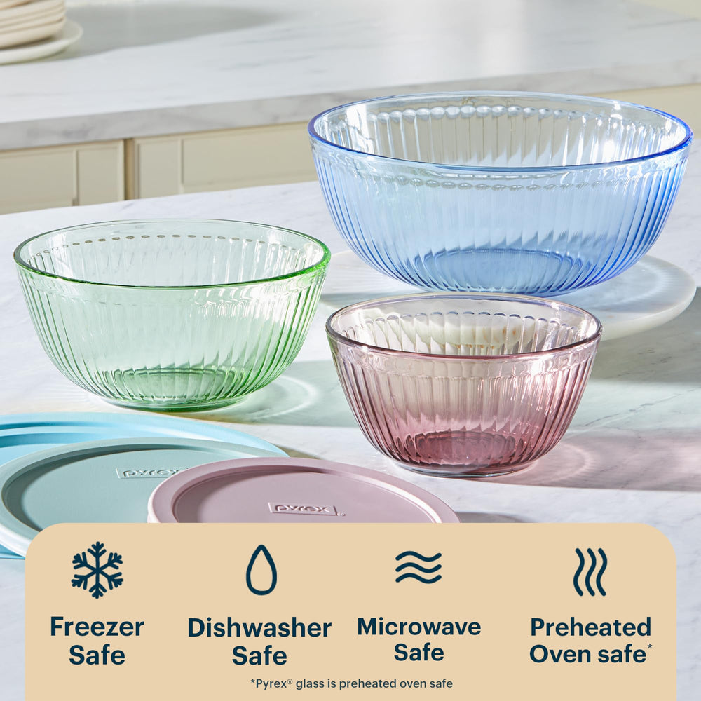Pyrex bowls served on a table with salad, showcasing attractive presentation and direct serving benefit