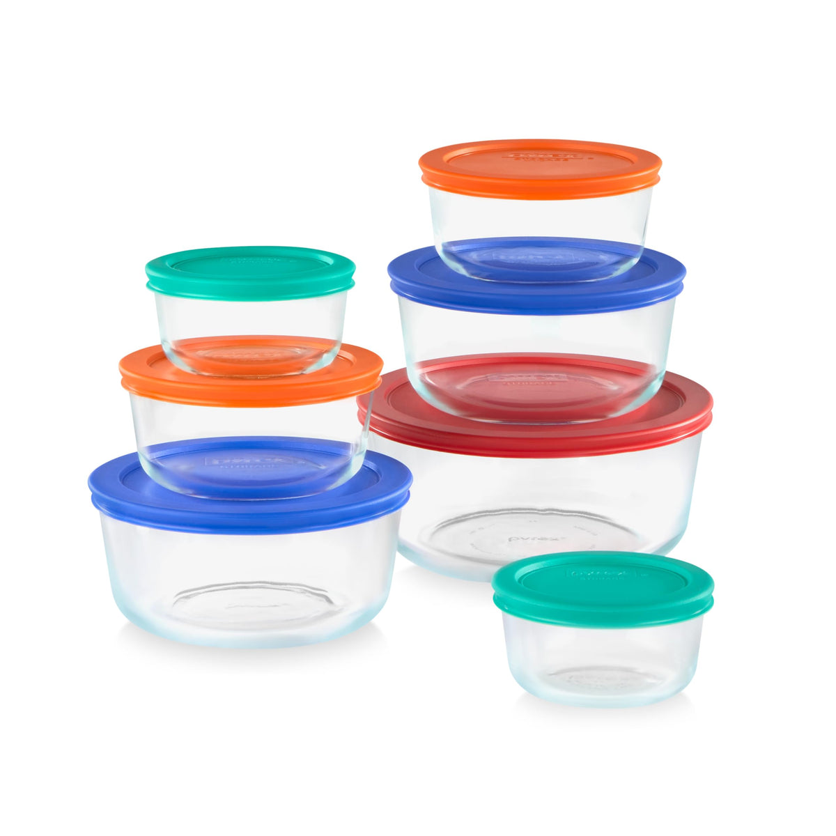 Pyrex front view of full 7-pack set showing organized storage and convenience