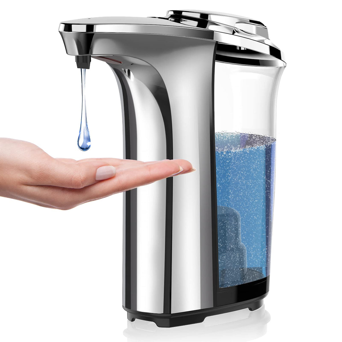 PZOTRUF front view dispenser showing sleek brushed-aluminum finish and modern silhouette