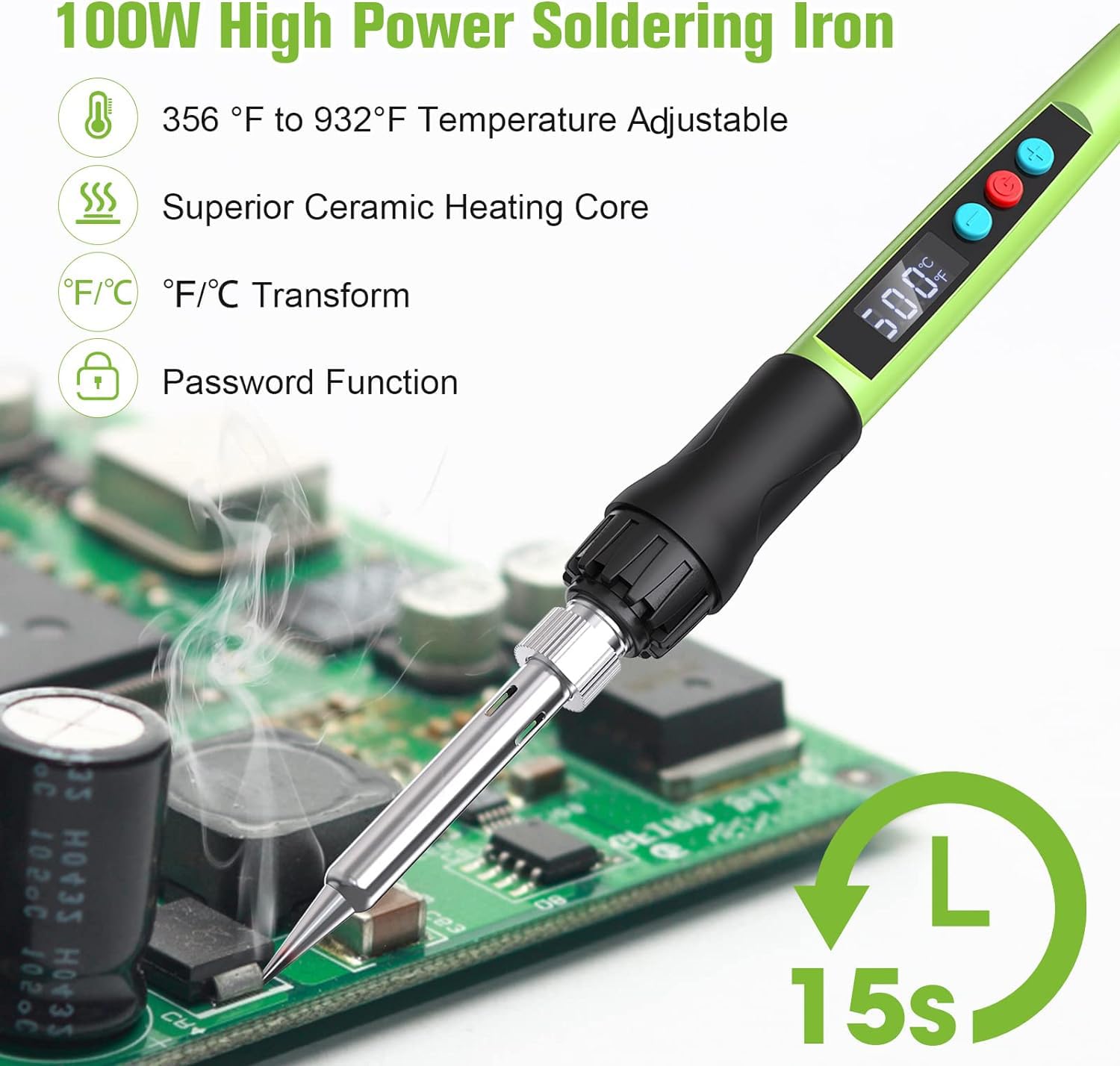 Q-MING iron in use on a PCB demonstrating accurate, controlled soldering