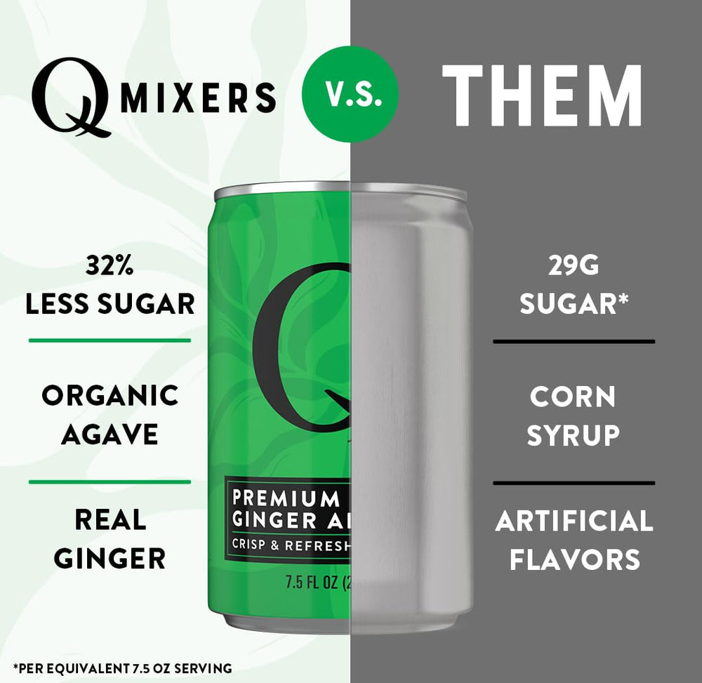 Q Mixers boxed 24-pack beside a single can to show size and portioning benefit