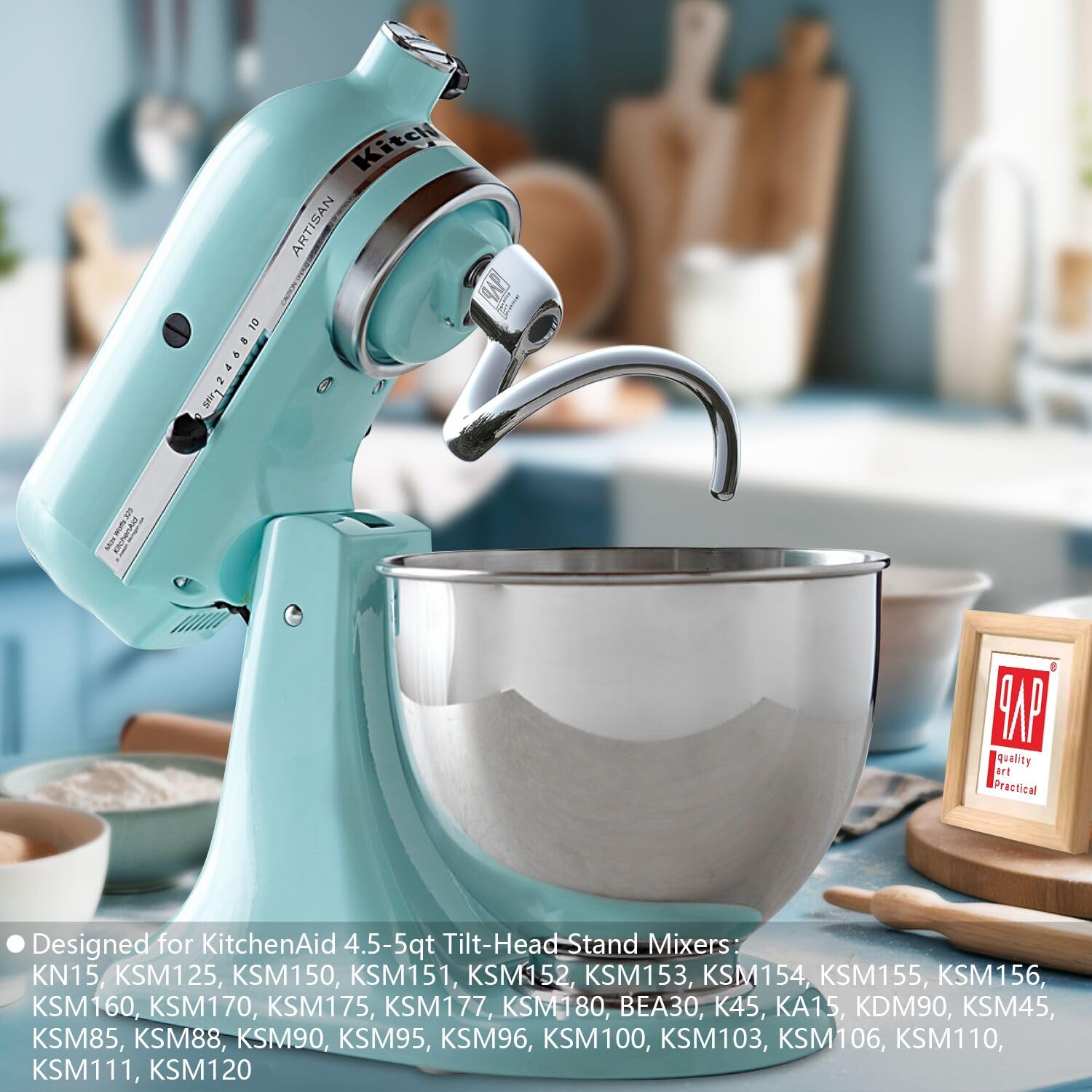 QAP mounted on a KitchenAid tilt-head mixer demonstrating correct fit and secure attachment