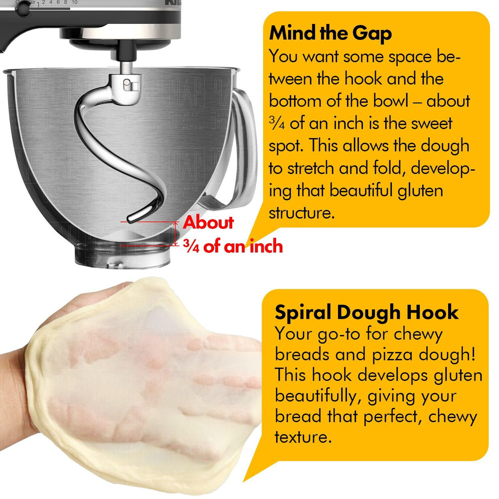 QAP hook mixing dough in bowl showing time-saving spiral action and efficient kneading