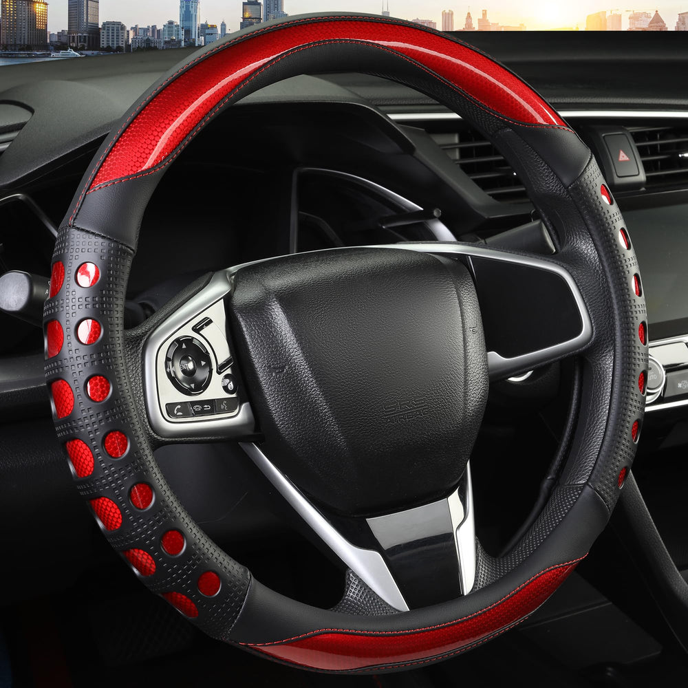 QCYP front view of red steering wheel cover showing sporty style and improved grip