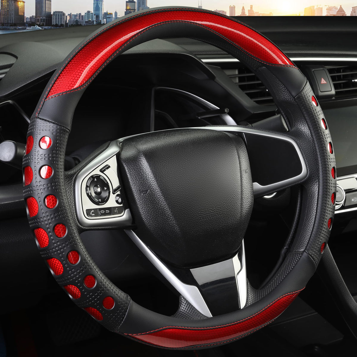 QCYP front view of red steering wheel cover showing sporty style and improved grip