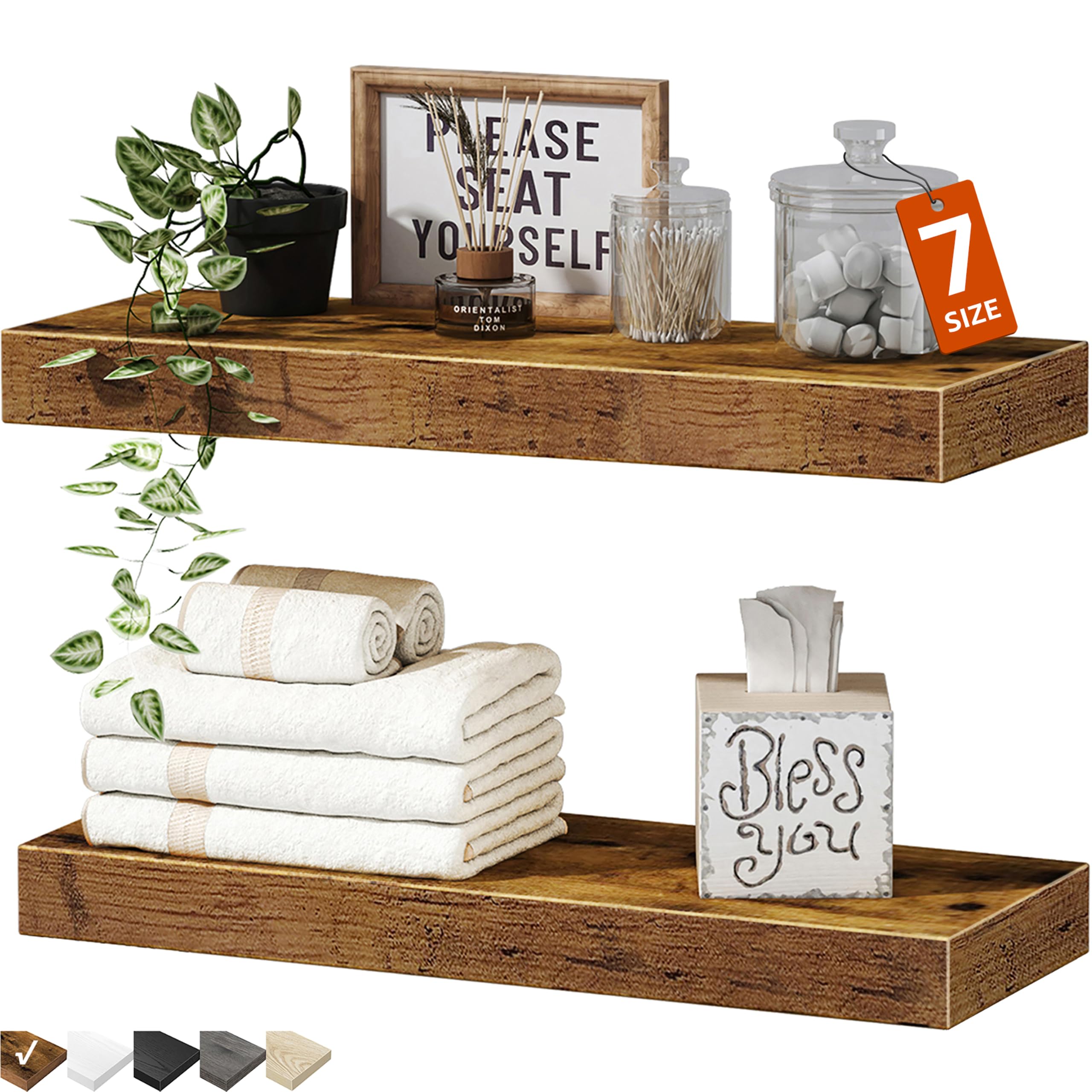 QEEIG front view of brown floating shelves showing tidy storage benefit