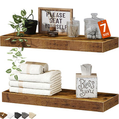 QEEIG front view of brown floating shelves showing tidy storage benefit