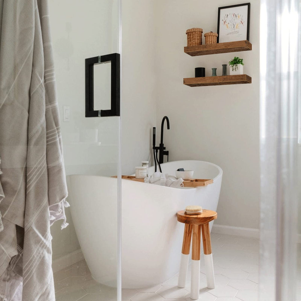 QEEIG shelf styled on vanity with decor showing decorative storage benefit