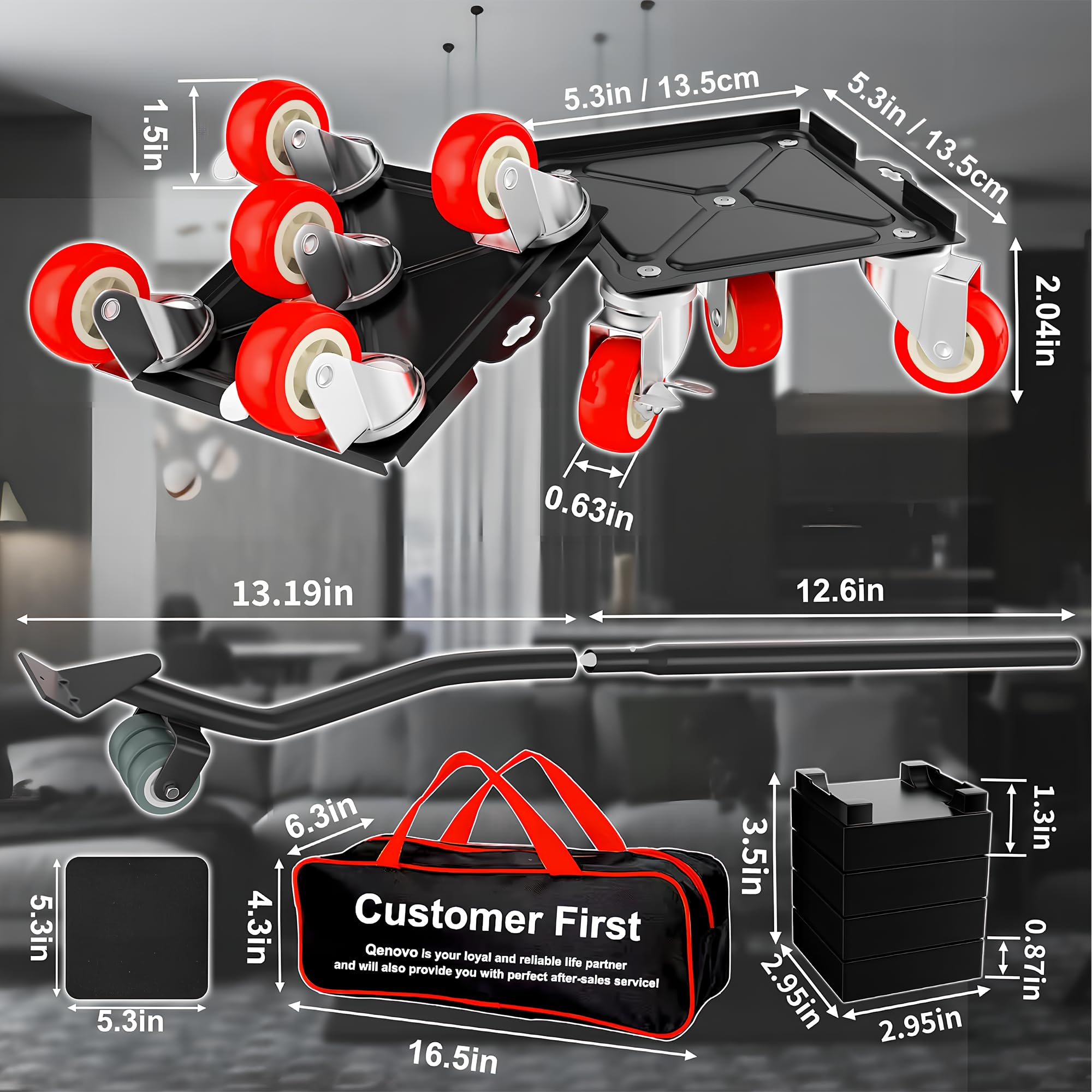 Qenovo crowbar lifter and non-slip gloves displayed with platform dollies for safe handling
