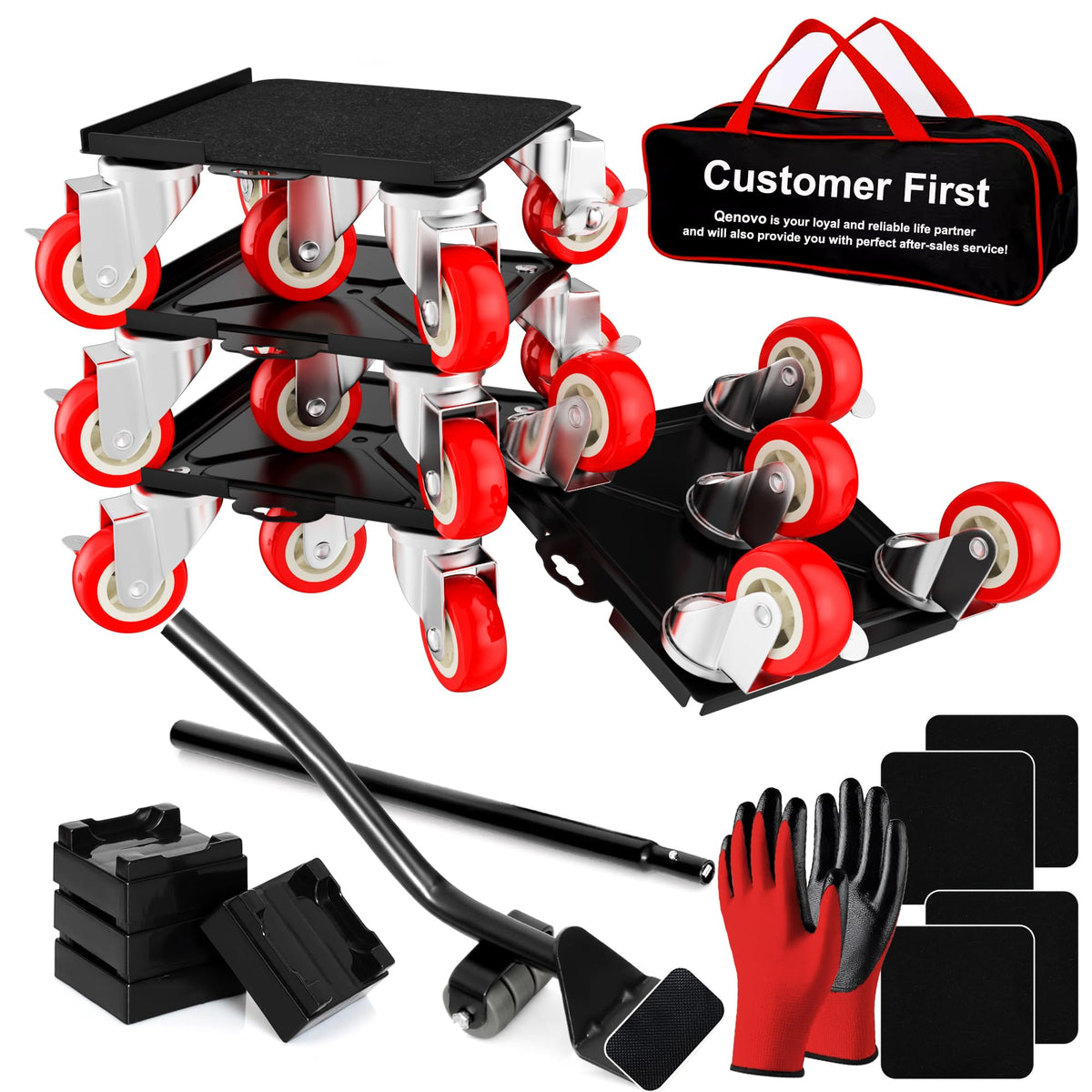 Qenovo front view of red 5.3-inch platforms showing compact, heavy-duty support