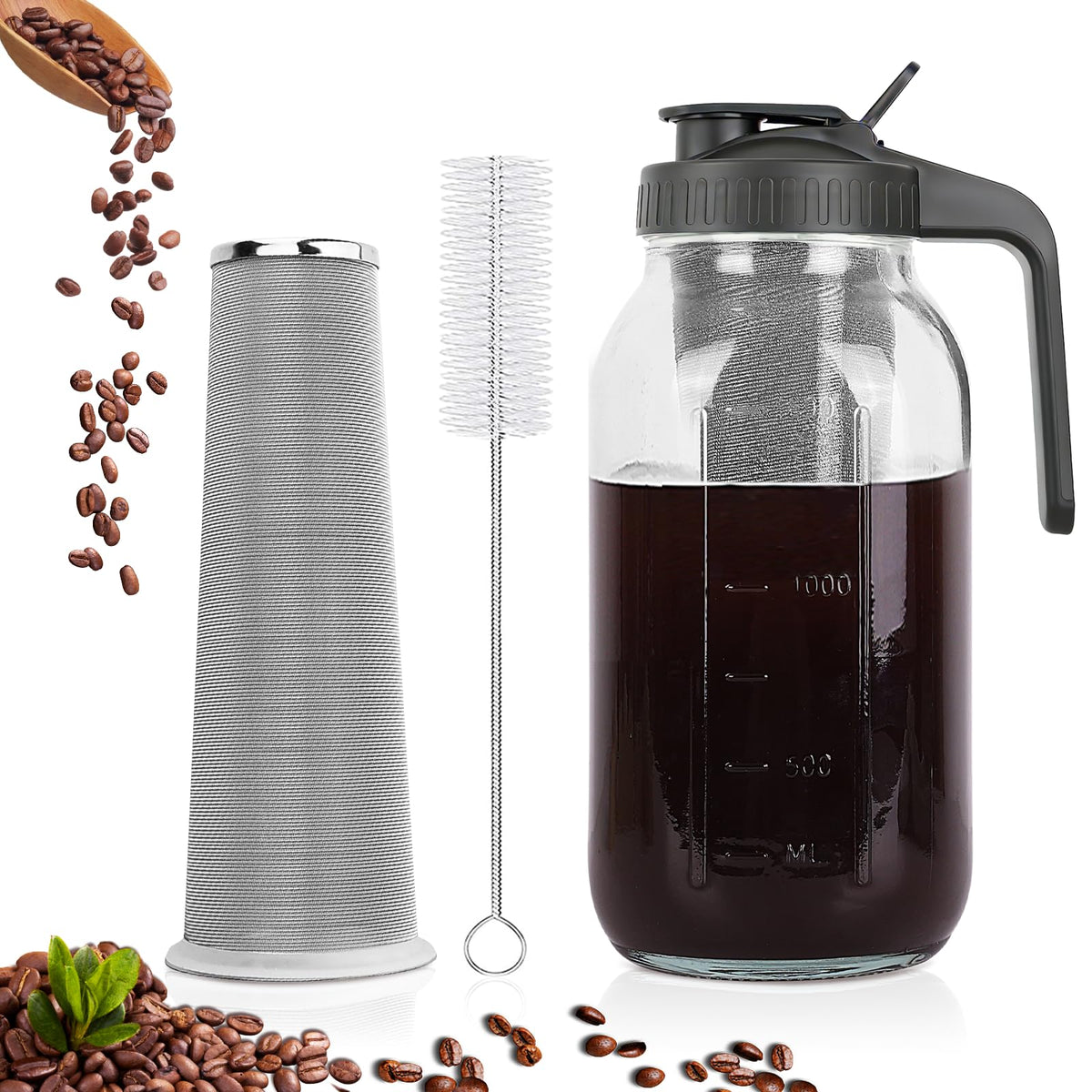 QHH front view mason jar pitcher showing full 64 oz capacity and clear glass for visibility