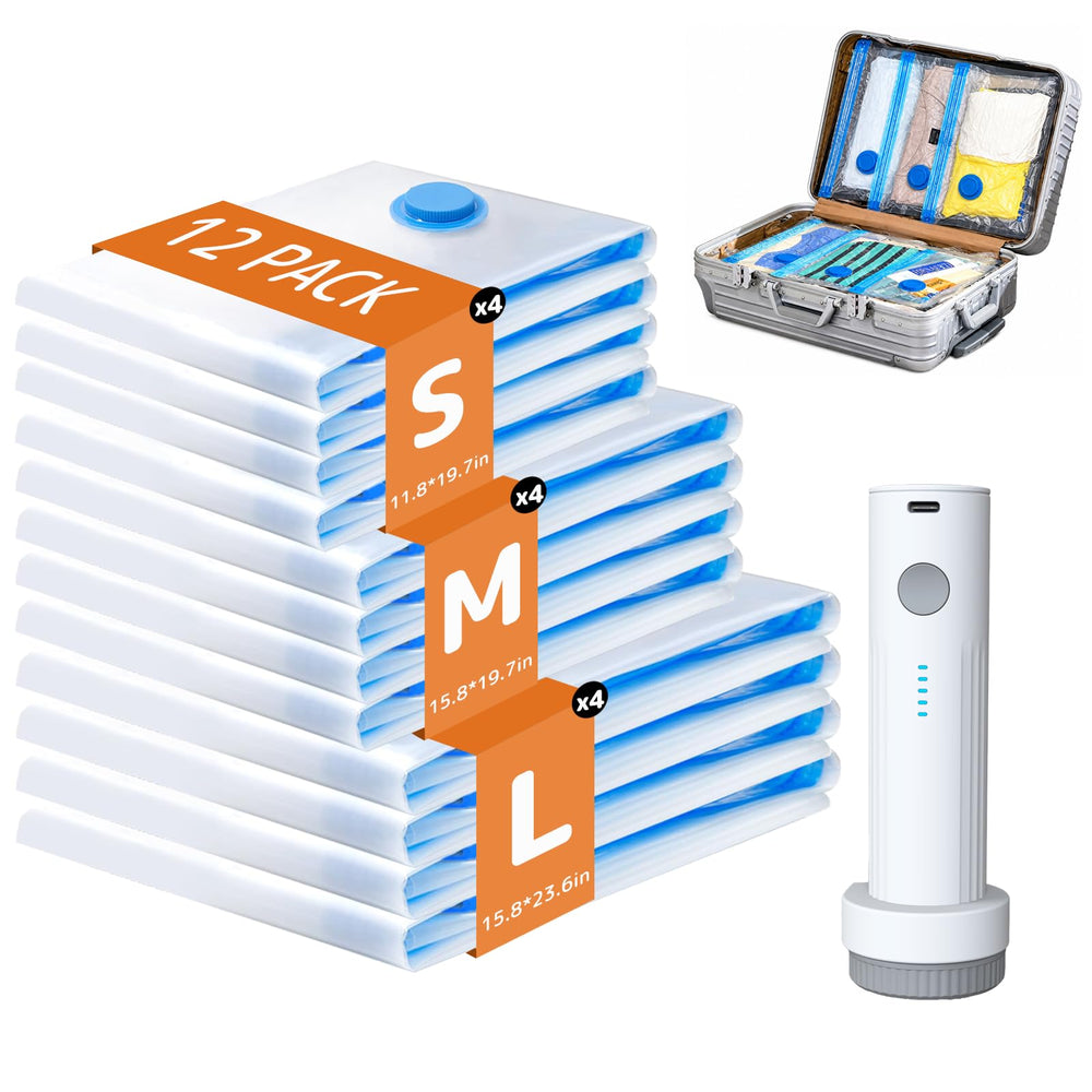 QIJIAYI front packaging showing 12 vacuum bags and rechargeable pump for organized travel