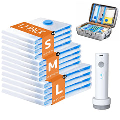 QIJIAYI front packaging showing 12 vacuum bags and rechargeable pump for organized travel