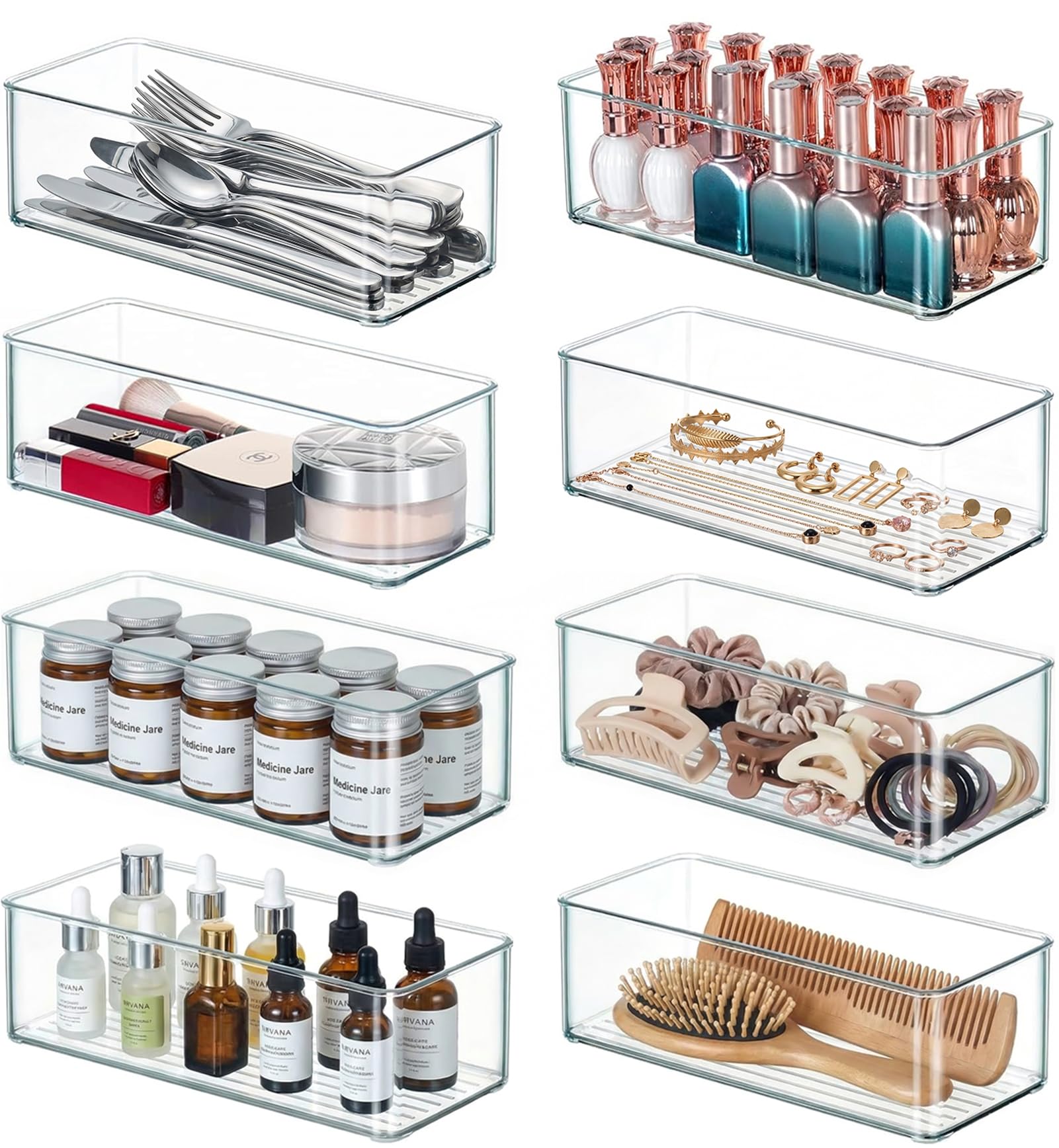 Qilinba front packaging showing all eight clear organizer bins and benefits