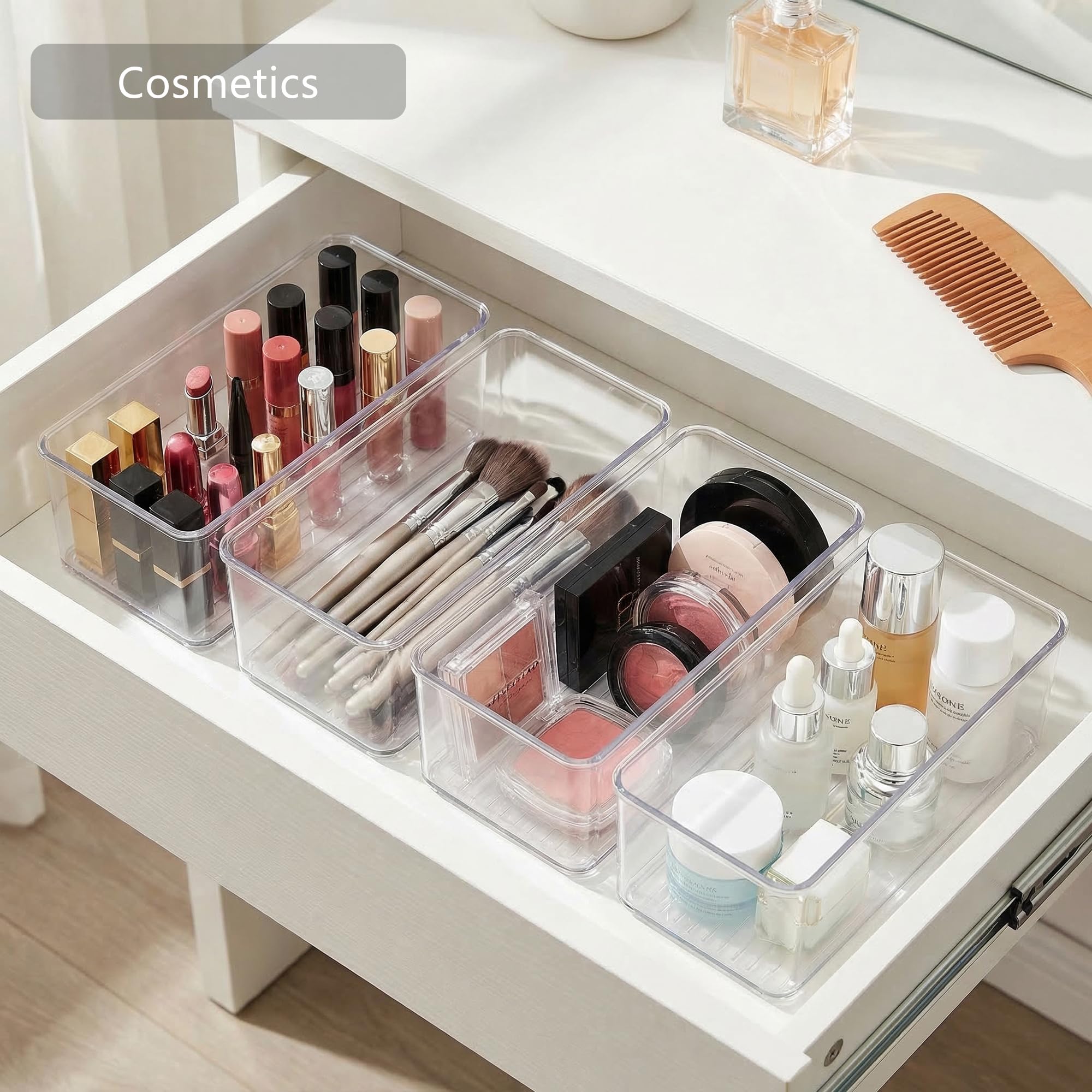 Qilinba bins in bathroom vanity with makeup organizing for quick retrieval