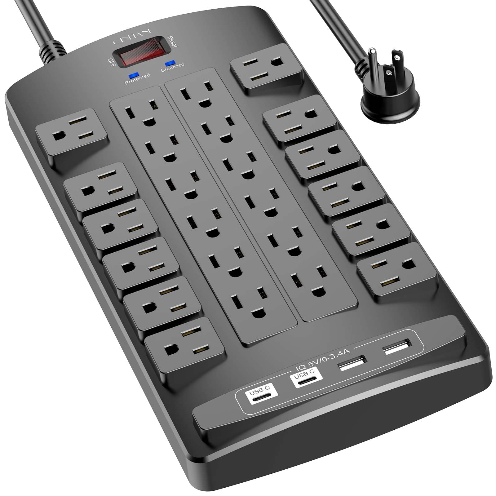 QINLIANF front view showing 24 outlets and 4 USB ports for organized power