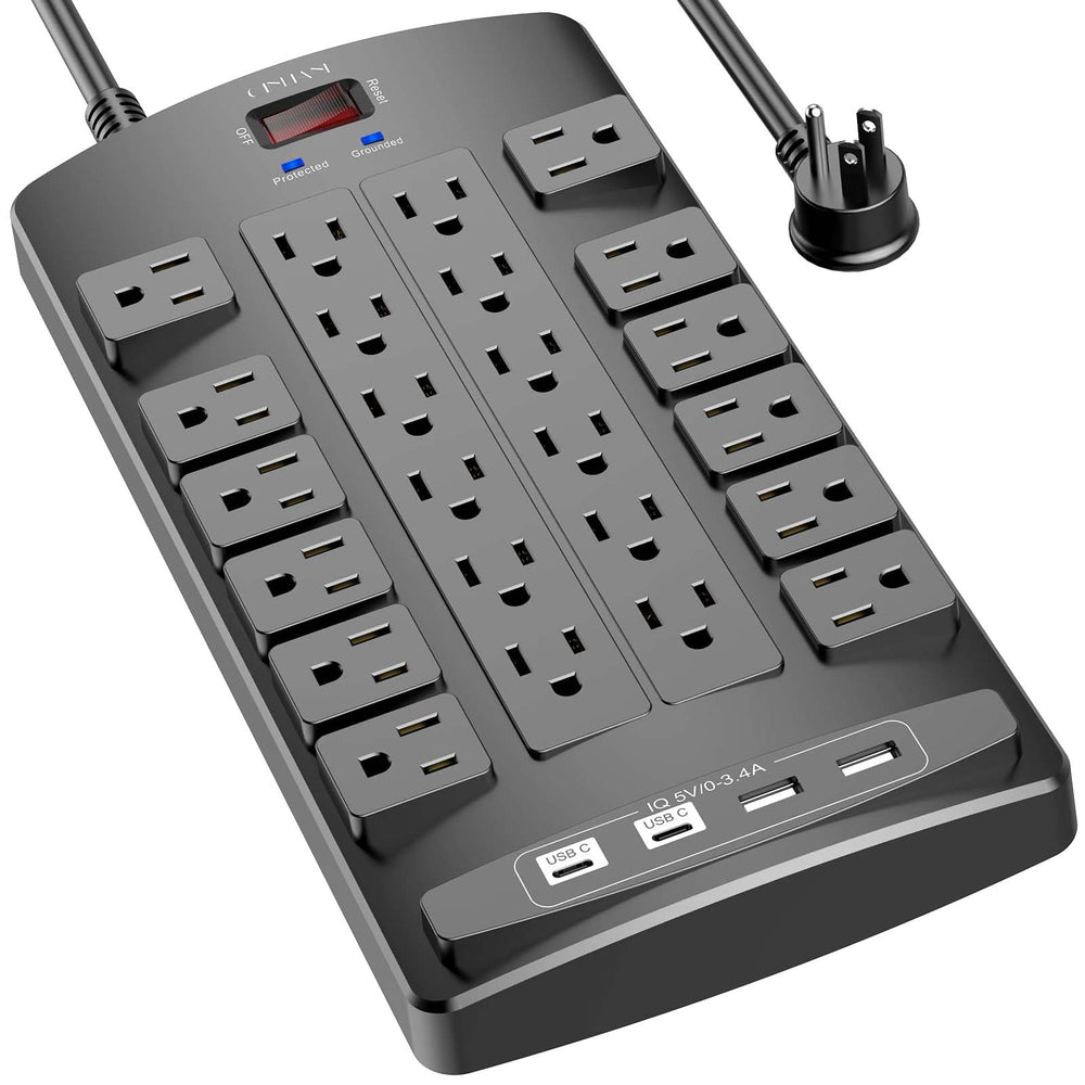 QINLIANF front view showing 24 outlets and 4 USB ports for organized power