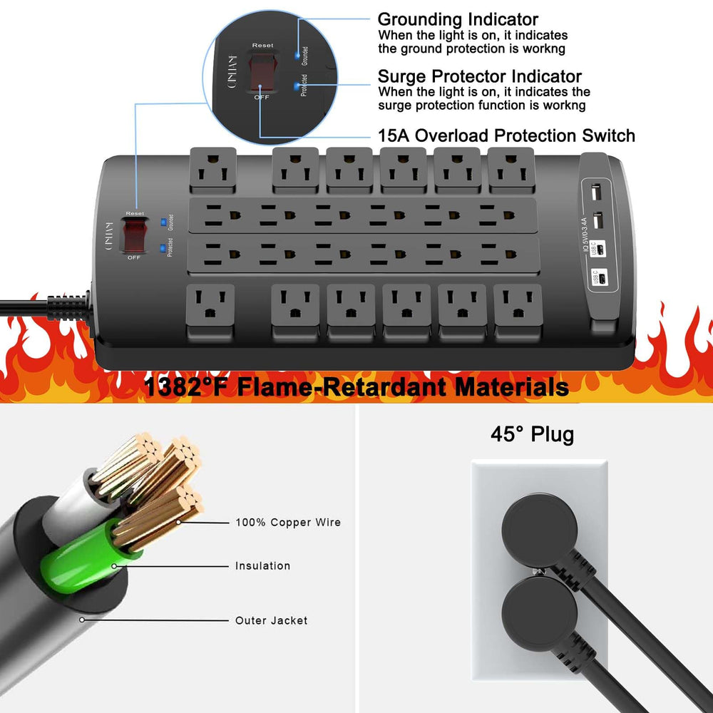 QINLIANF power strip on desk showing scale and saving outlet space