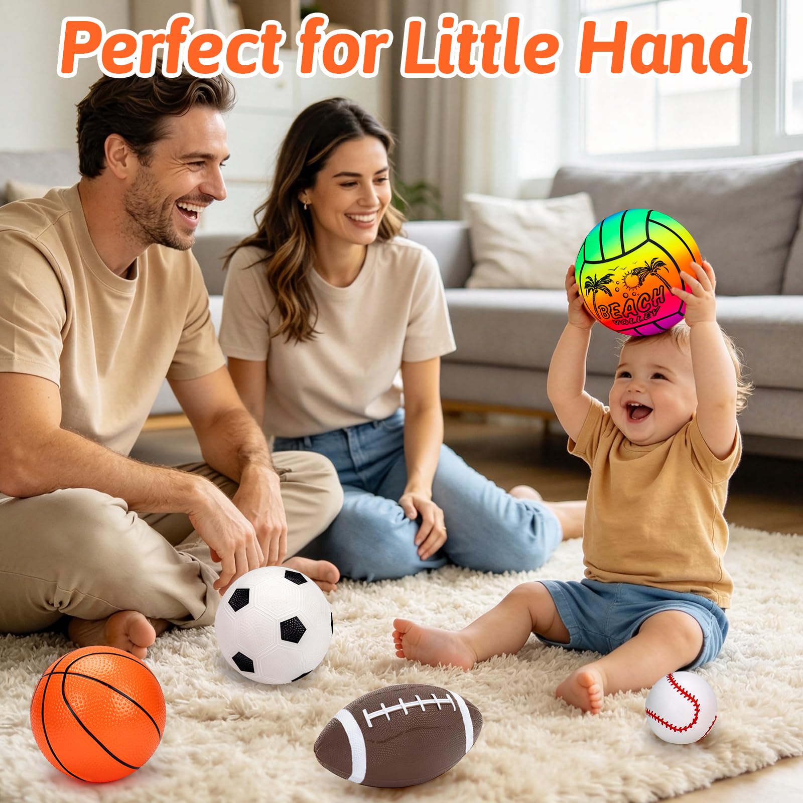 Qirptey five balls laid out demonstrating variety and play possibilities