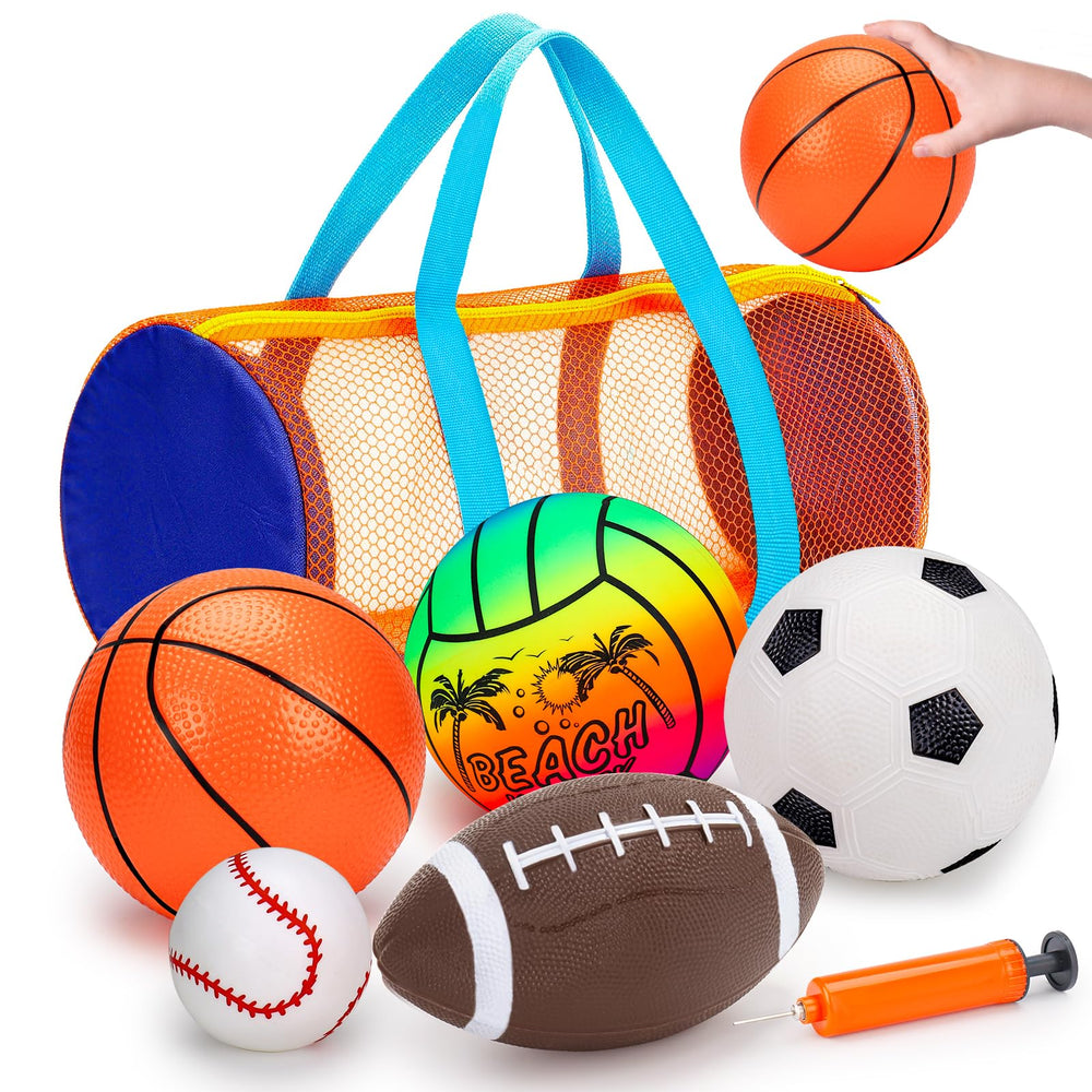 Qirptey front view of 5-pack sports balls set showing contents and benefits