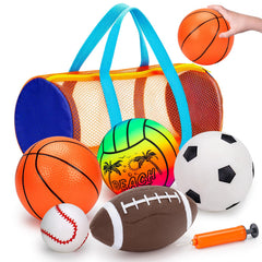 Qirptey front view of 5-pack sports balls set showing contents and benefits
