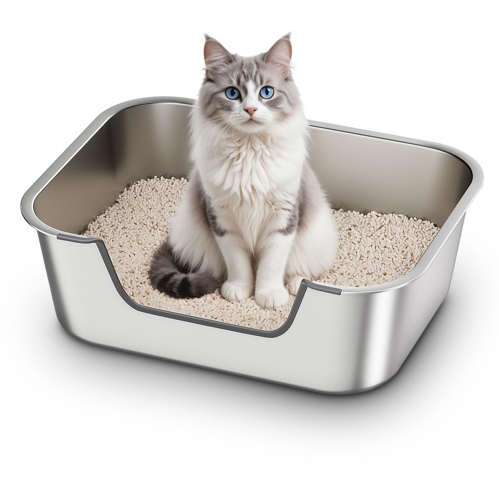 Qiuma front view stainless steel litter box shows durable pan and easy access