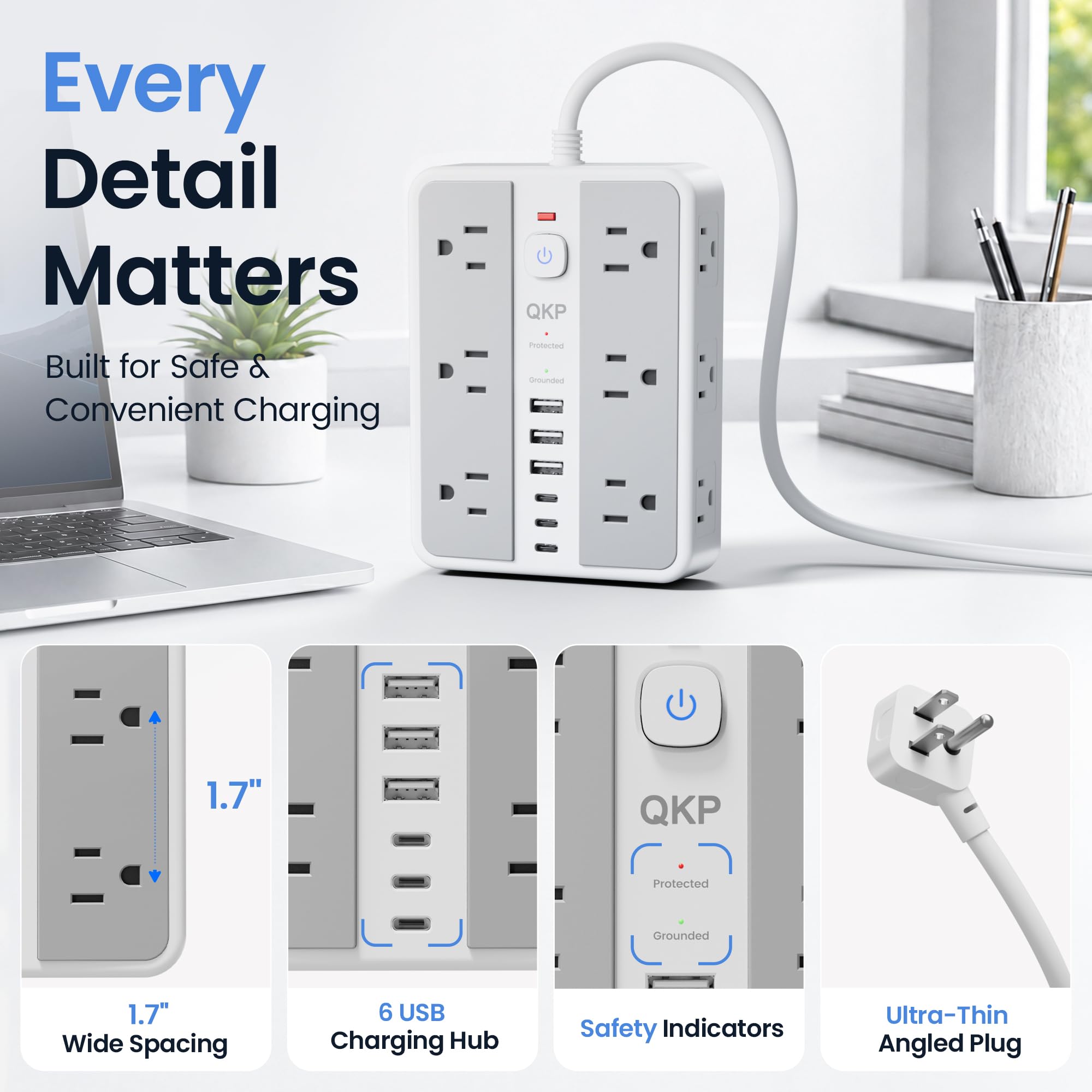QKP next to laptop and phone showing scale and multi‑device charging