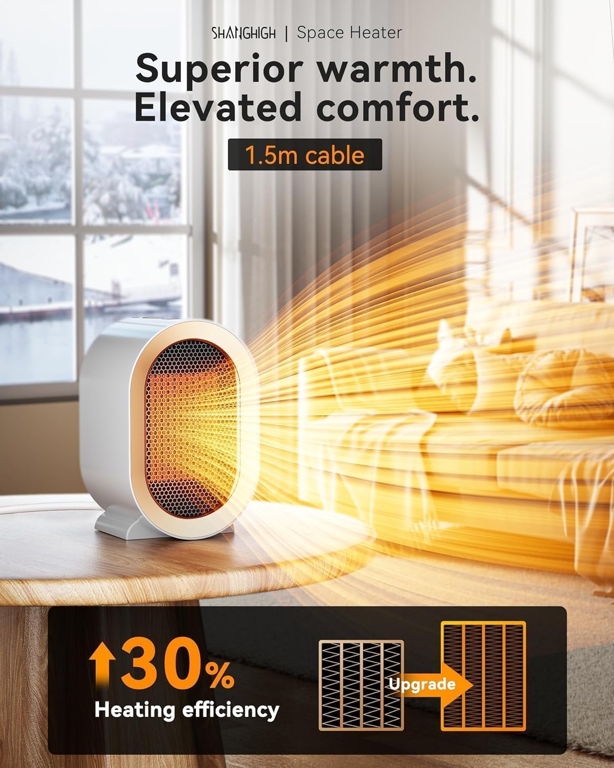 QQT ceramic heater air outlet close-up showing safe steady airflow
