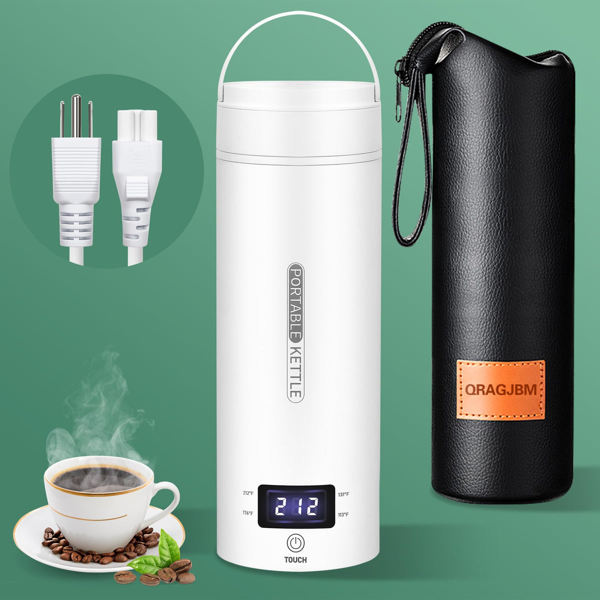 QRAGJBM front view showing compact kettle and visible handle for travel convenience