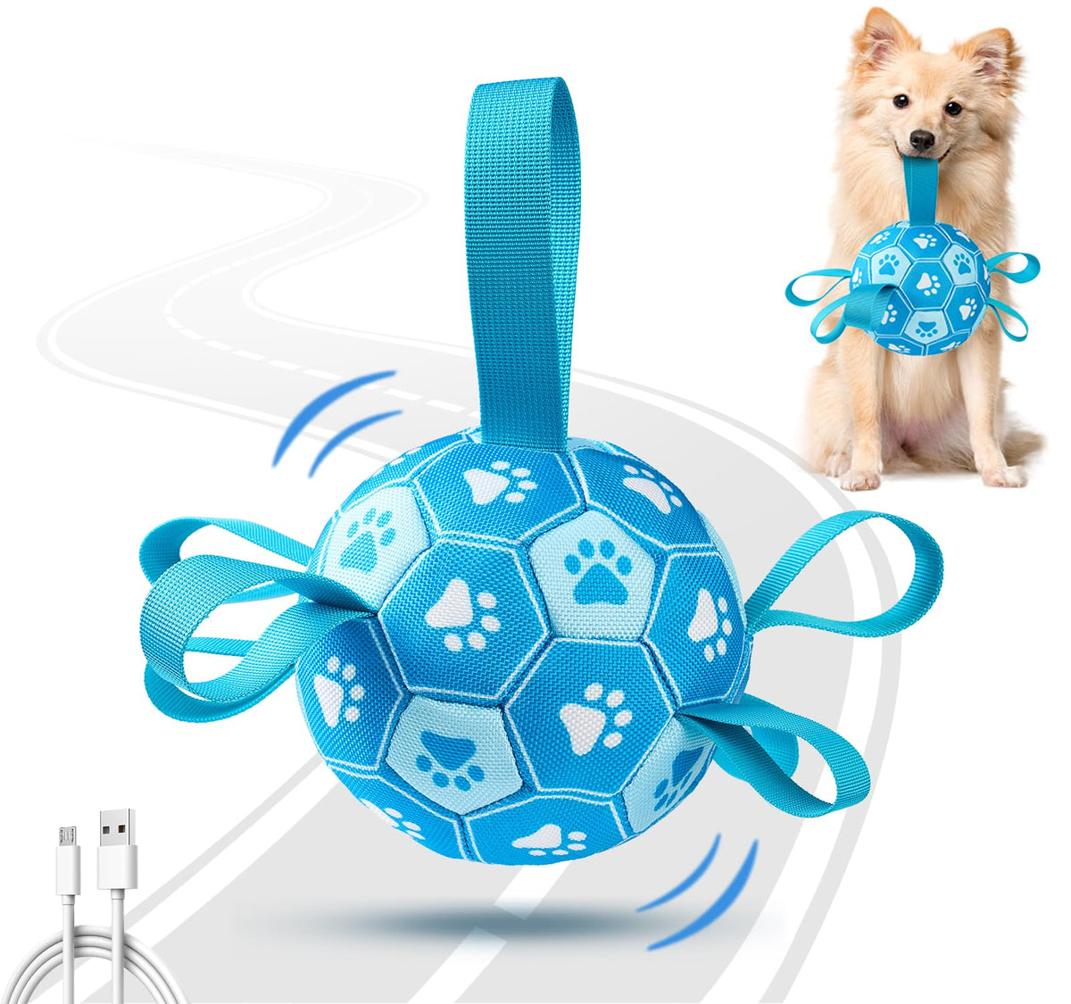 Qraxond front view blue soccer ball showing plush cover and label, entices play