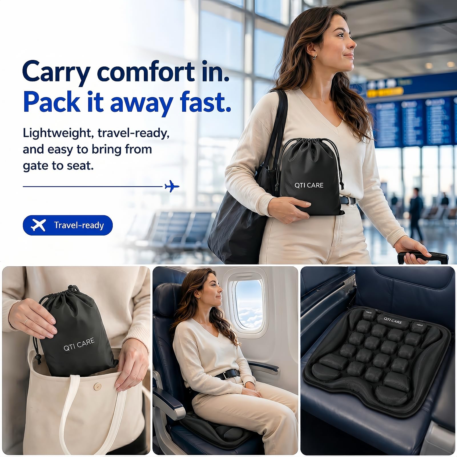 Qticare folded and packed in carry-on showing compact storage benefit