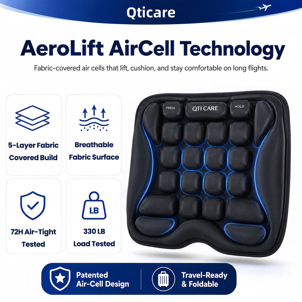 Qticare inflated on airplane seat demonstrating improved comfort for long flights