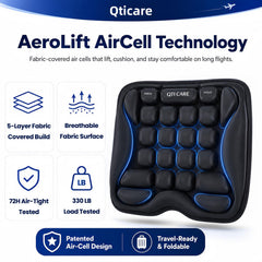 Qticare inflated on airplane seat demonstrating improved comfort for long flights