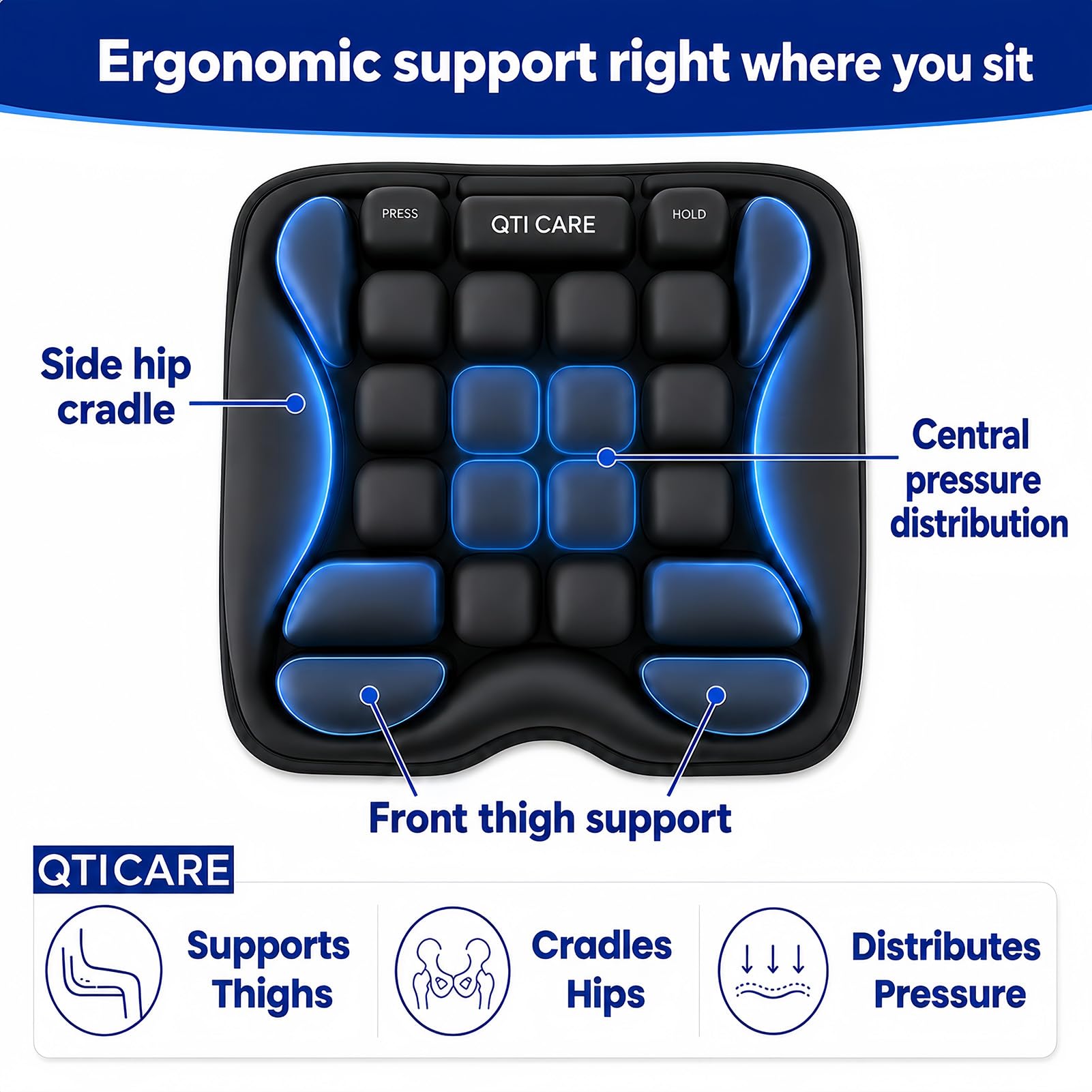 Qticare on office chair displaying improved sitting support during work