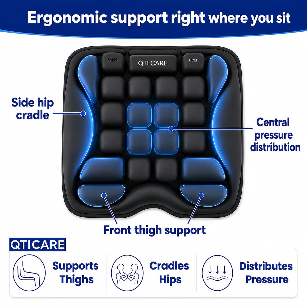 Qticare on office chair displaying improved sitting support during work