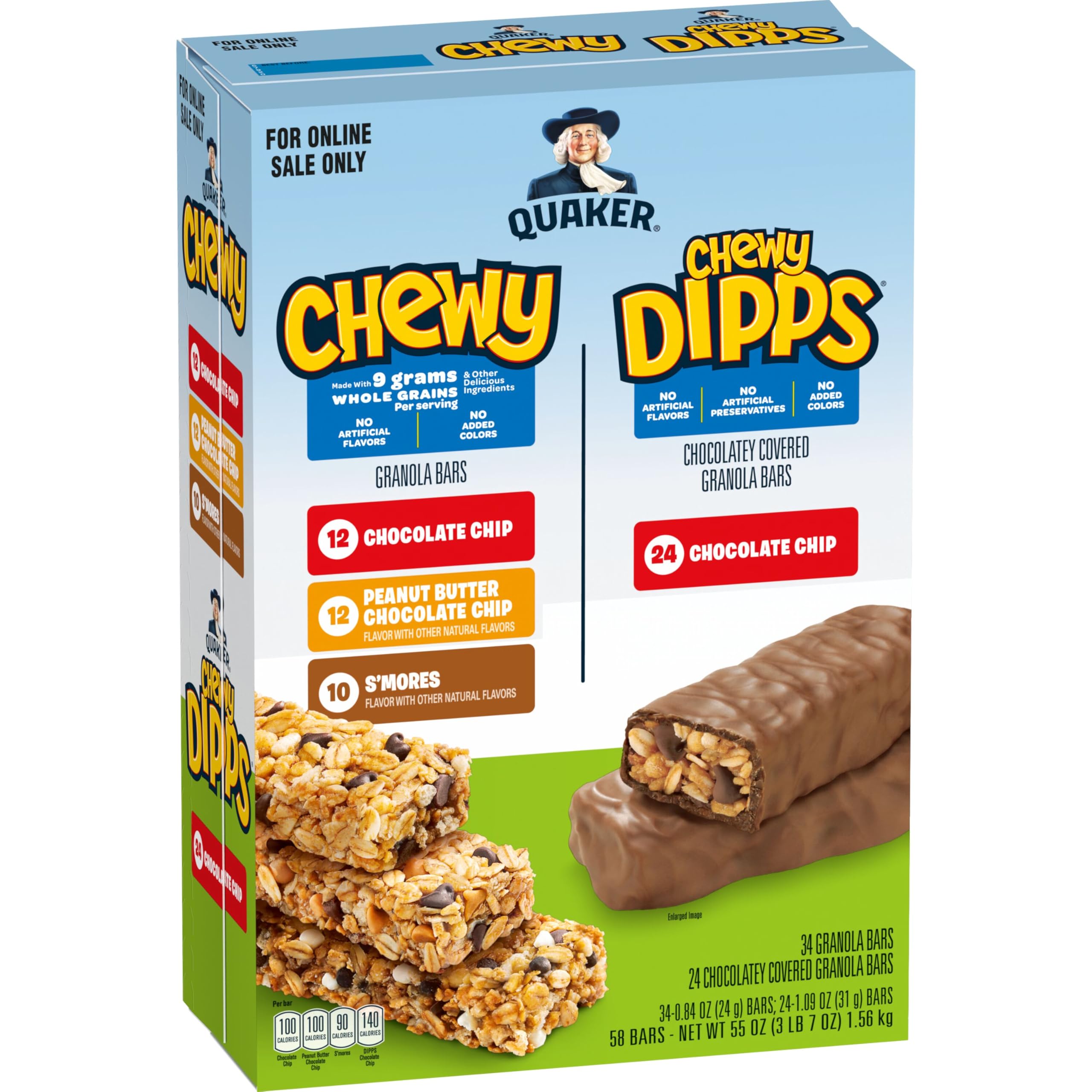 Quaker box front showing Chewy & Dipps 58-count convenience